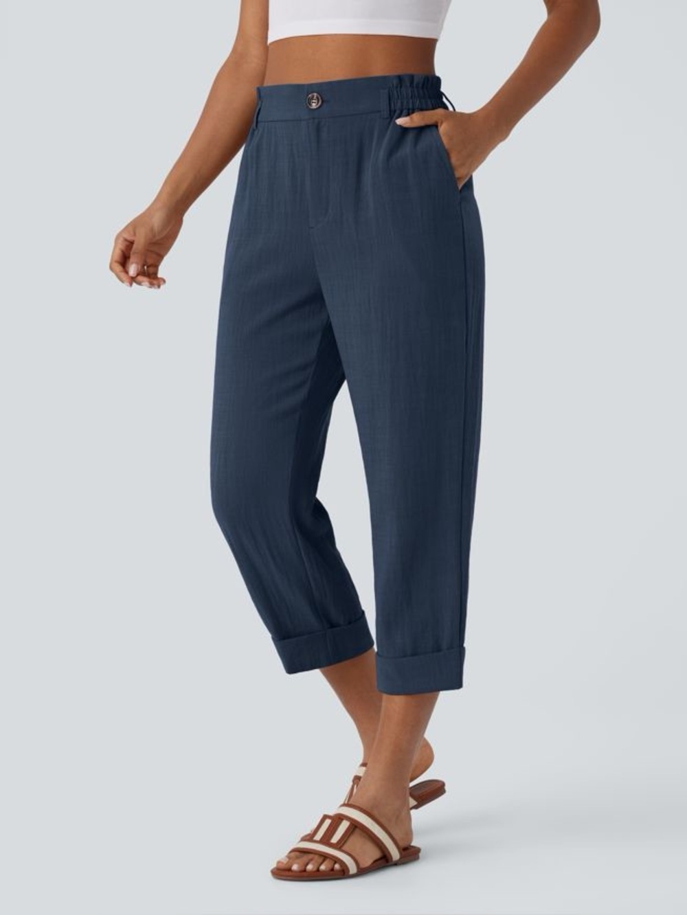 Halara High Waisted Navy Blue Cropped Linen-Feel Pants Size Large
